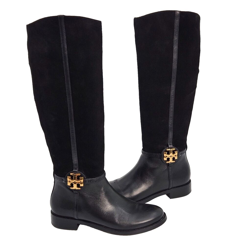 Tory Burch Miller Tall Riding Boots Size 8.5 Black Leather Suede Gold Tone Logo